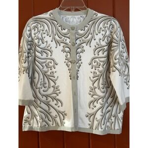 RN 90133 Womens White Taupe Scroll Damask Cotton 3/4 Sleeve Button Cardigan
